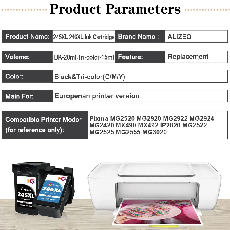 ALIZEO For PG 245 246 XL Ink Cartridges Remanufactured Pixma IP2820 MX492 490 MG2420 2520 2920 TS202 302 3120 Printer