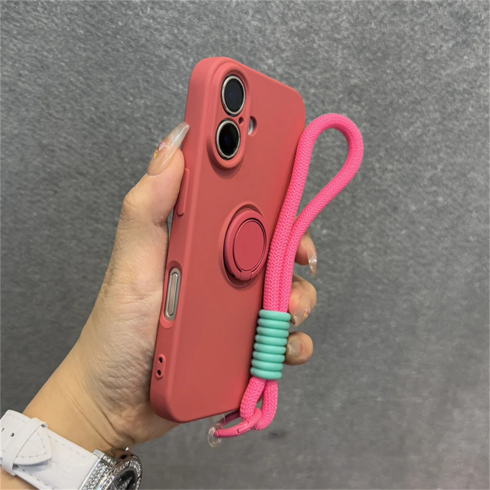Luxury Solid Liquid Silicone Phone Case with Lanyard and Ring Holder - Matte Frosted Finish