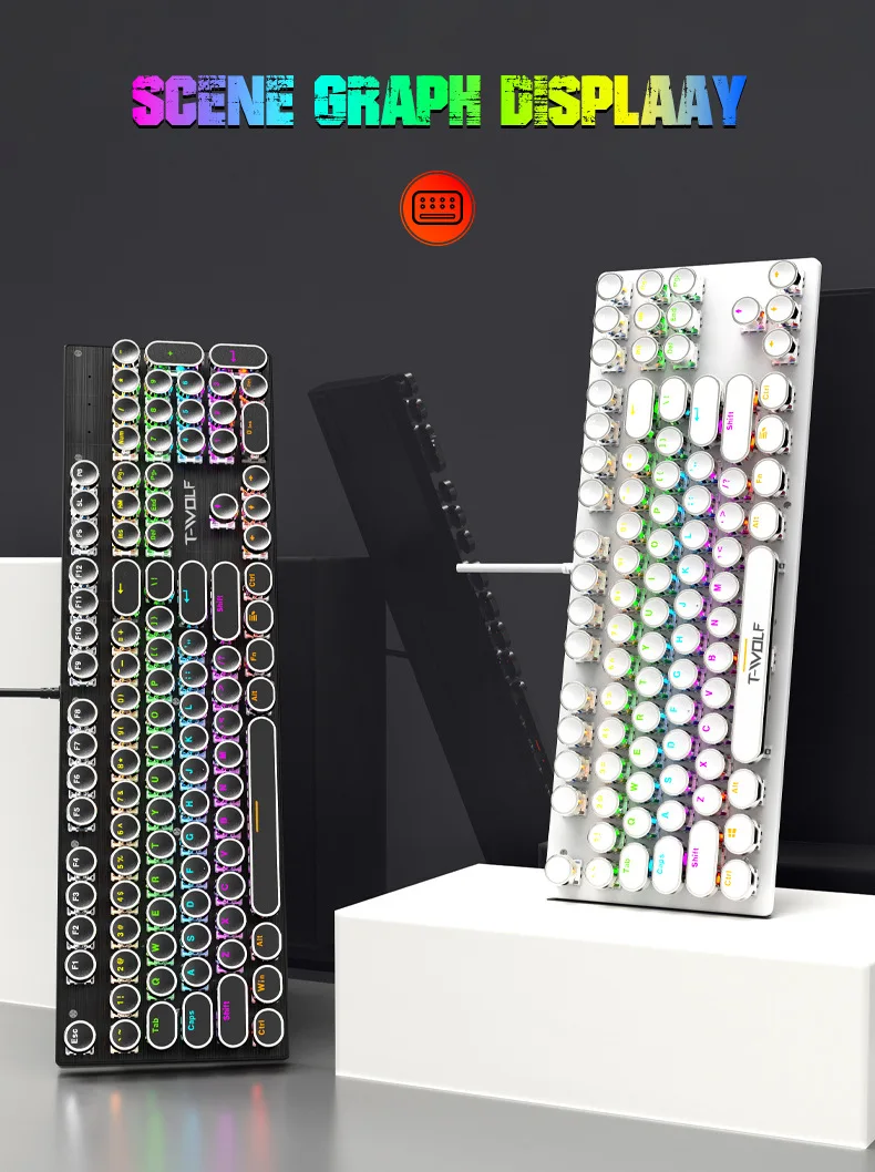 

Механическая игровая клавиатура T75, 104 клавиш, ретро, панк, USB кабель, RGB, радужная подсветка, полная клавиатура, зеленая ось для компьютерных игр