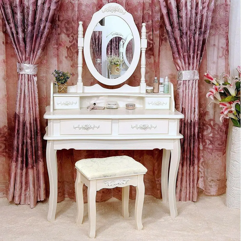 

White Vanity Makeup Dressing Table Set W/Stool 4 Drawer&Mirror Jewelry Wood Desk Makeup Dresser Bedroom Furniture