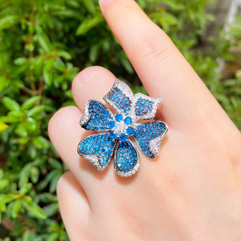 Cubic Zirconia Party Ring | Big Flower Ring - Silver Plated