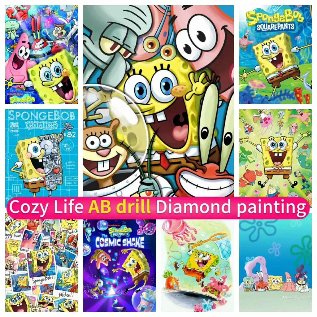 스폰지 앤 밥스 귀여운 만화 DIY 모자이크 5D AB 다이아몬드 페인팅 아트, 수제 자수 모조 다이아몬드, 코르스 스티치 키트, 새로운 2024 