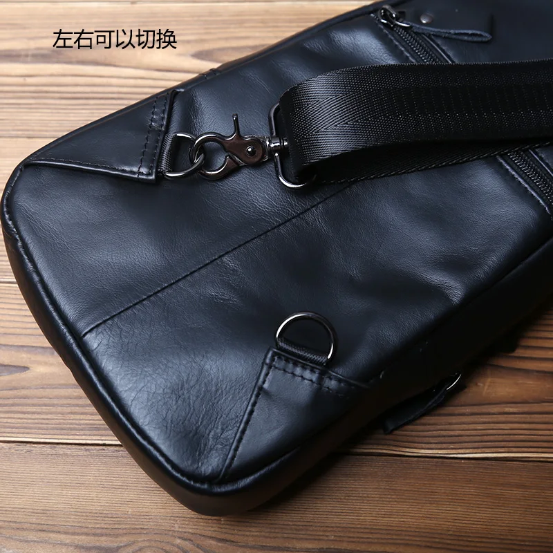 NZPJ Trendy Leather Men's Chest Bag Casual Shoulder Bag Natural Cowhide Messenger Bag Black Small Backpack For 8 Inch Tablet