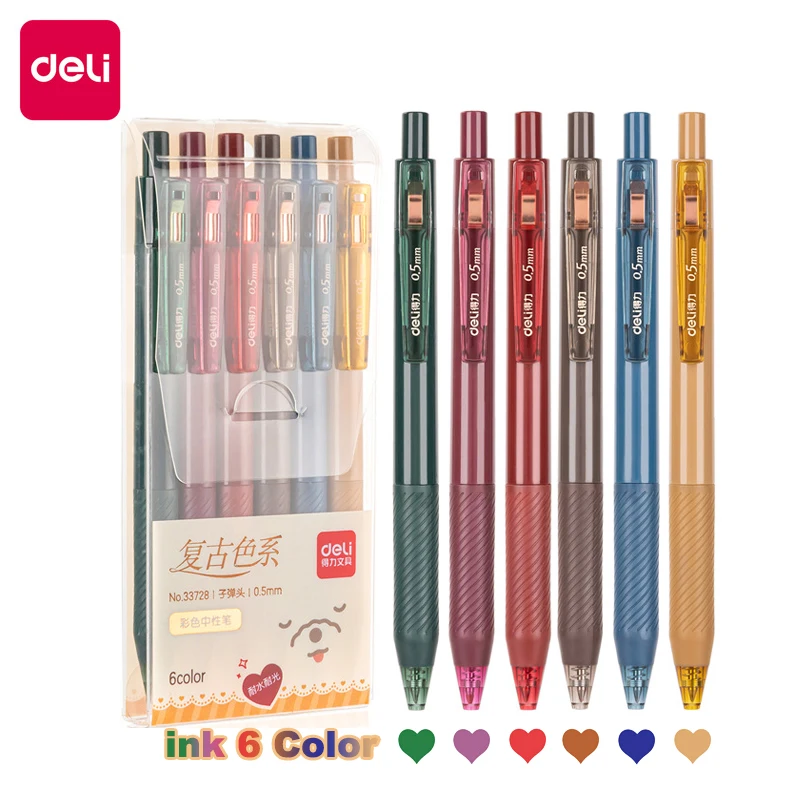 

Deli Colored Gel Pen Set Ink 6 Color 0.5MM Press Retractable Hand Account Note Marker Ballpoint Pen School Writing Stationery