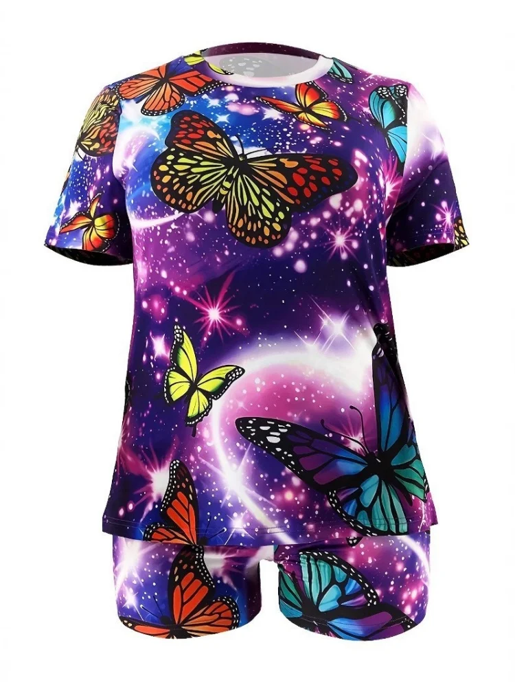 Wmstar Plus Size Two Piece Sets Wholesale Casual  Butterfly Print Fashion Short Sets  Short Sleeve Shorts Matching Sets Summer
