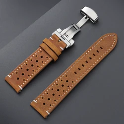 Vintage Cowhide Leather Quick Release Watch Strap with Butterfly Buckle - Brown/Black - 22mm (Light Brown)