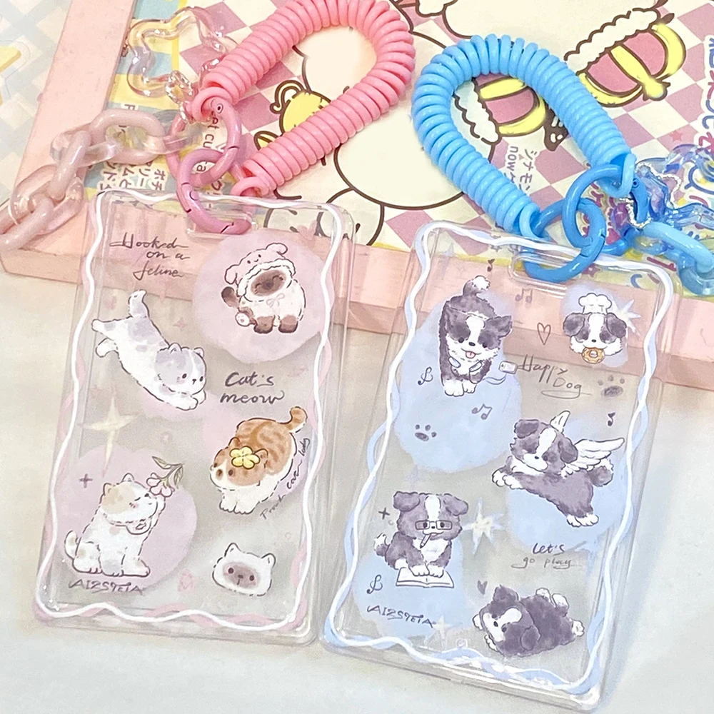 

Card Sleeve Transparent Photocard Holder Cartoon Cat/Dog Pattern Cute Card Protective Case With Pendant Classic Photo Frame