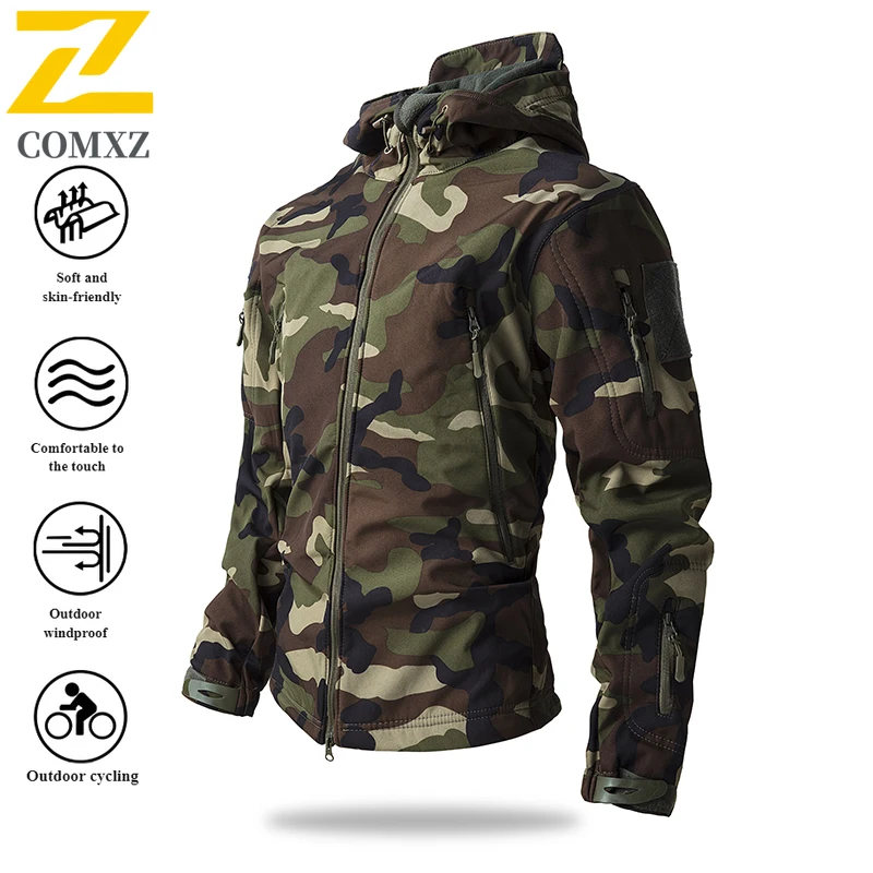 Men's Shark Skin Softshell Jacket Camo Fleece Lined Windproof Water-Resistant Solid Color Thermal Outdoor Coat for Autumn Winter