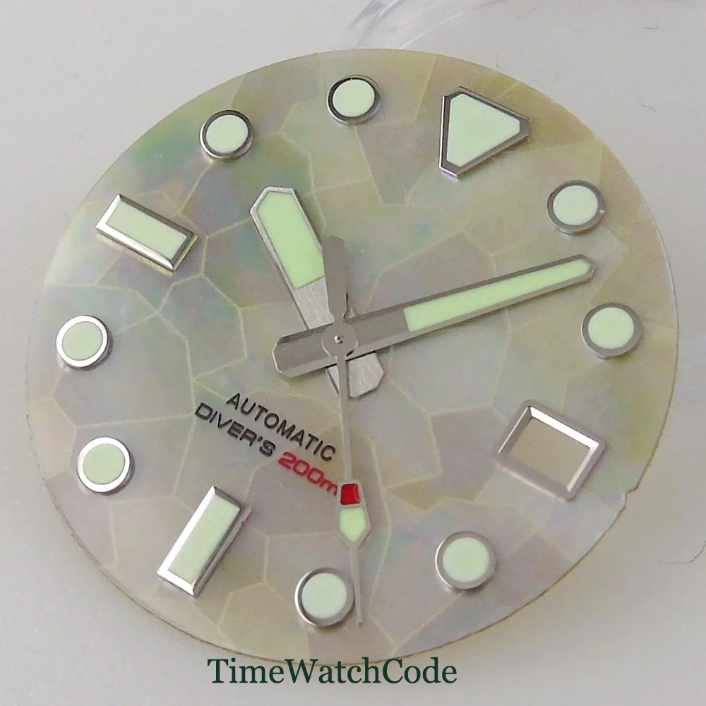 Green Luminous Mother of Pearl Watch Dial with Date Window and Hands Set