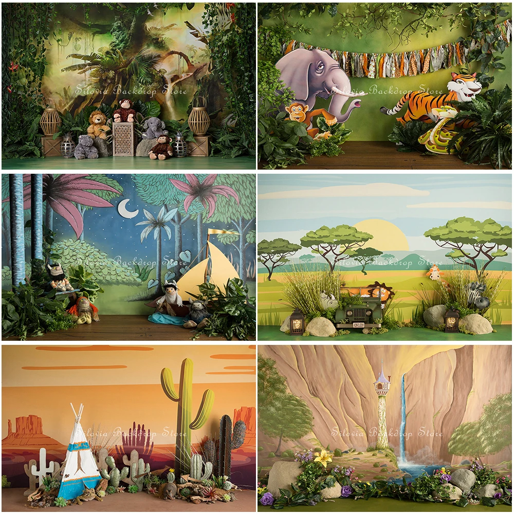 

Mystic Jungle Animals Photo Background Safari Grasslands Photography Backdrop Cloth Birthday Cake Smash Photo Studio Props