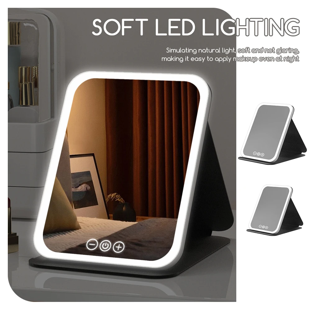 3 Colors LED Desktop Makeup Mirror with Light Women Female Portable Touch Screen Dressing Mirror Fill Light for Home Bedroom