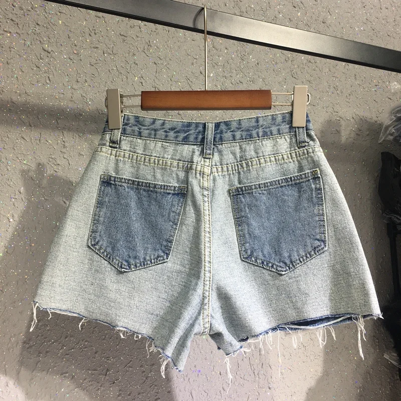 2023 Summer New Korean Style Stitching Contrast Color Denim Women's European Reverse Wear High Waist Hot Pants Shorts