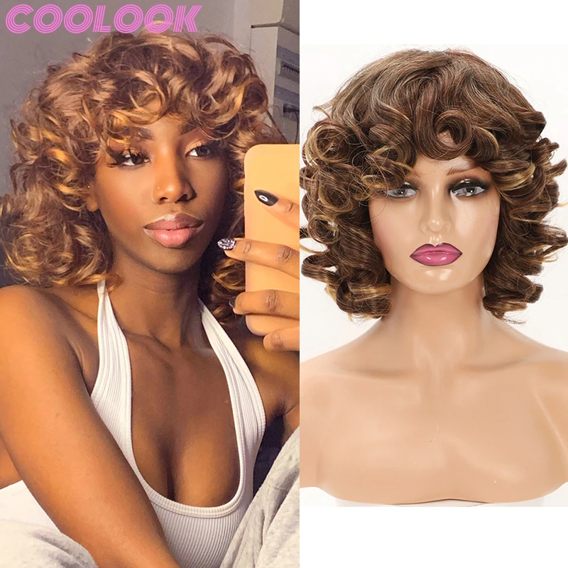 

Mixed Brown Short Kinky Curly Wigs with Bangs Afro Curly Bob Blonde Wigs for Black Women Synthetic Ombre Red Deep Curlys Wig 99j