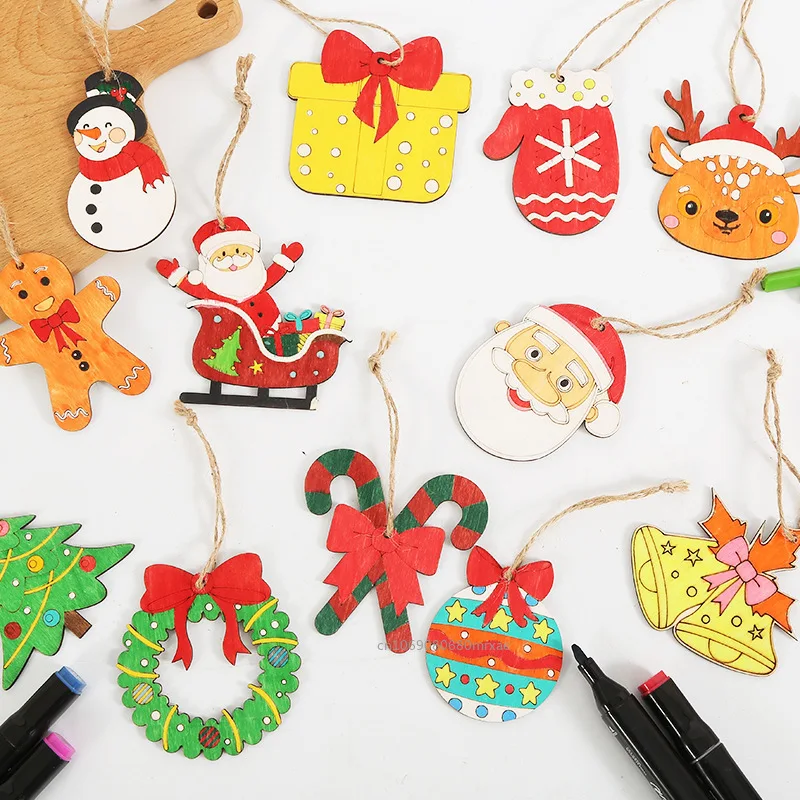 10PCS DIY Wood Christmas Ornament Unfinsihed Wooden Christmas Tree Hanging Decorations for DIY Craft Xms Home Party Decor