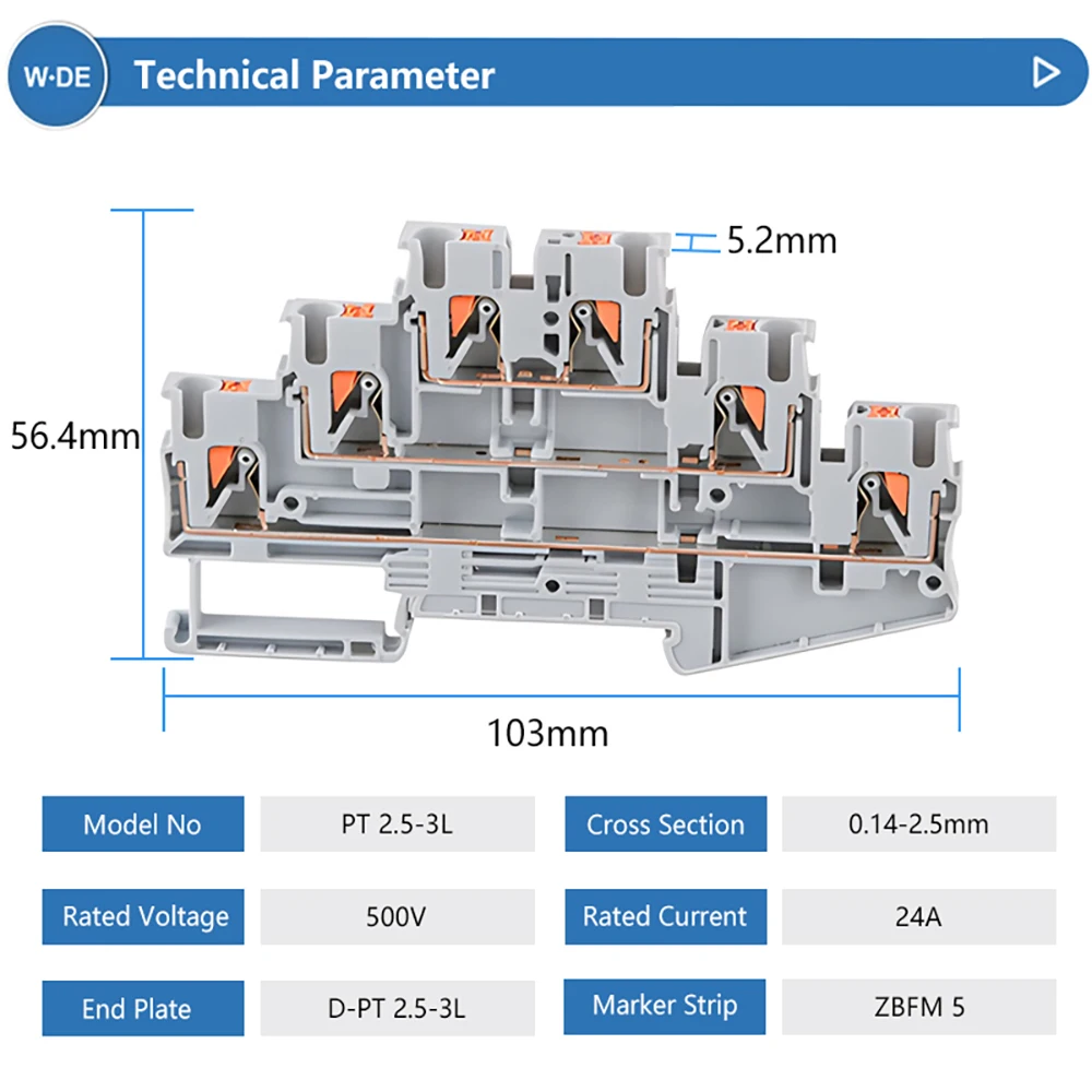 10 Pcs Din Rail Terminal Block PT2.5-3L Electrical Connector Triple Layer Spring Wiring Connection