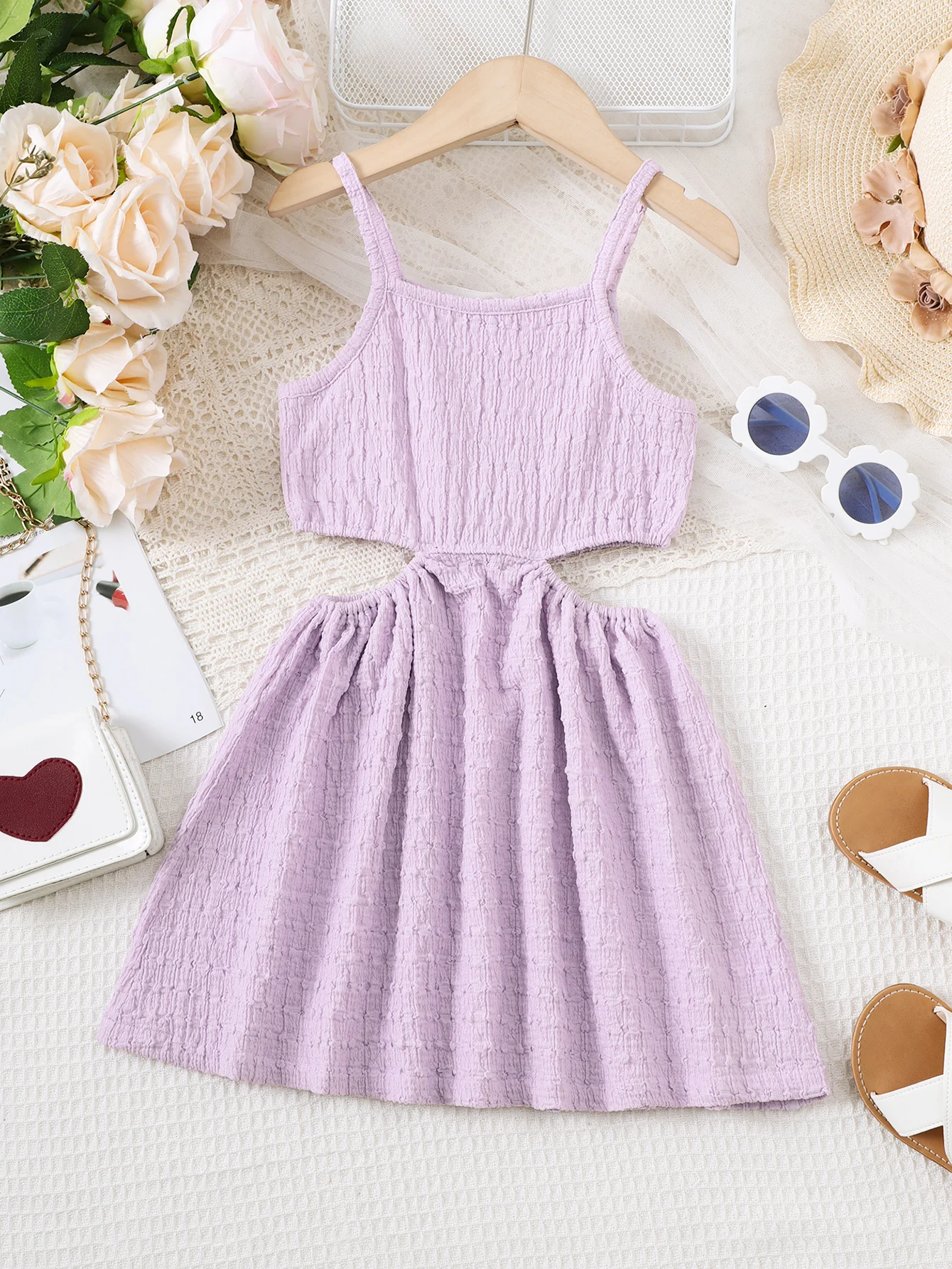 Summer Children Girl Princess Dress Solid Color Slip Hollow Waist Dresses Sweet Birthday Party Clothing for Kids Girl 4-7 Years 1