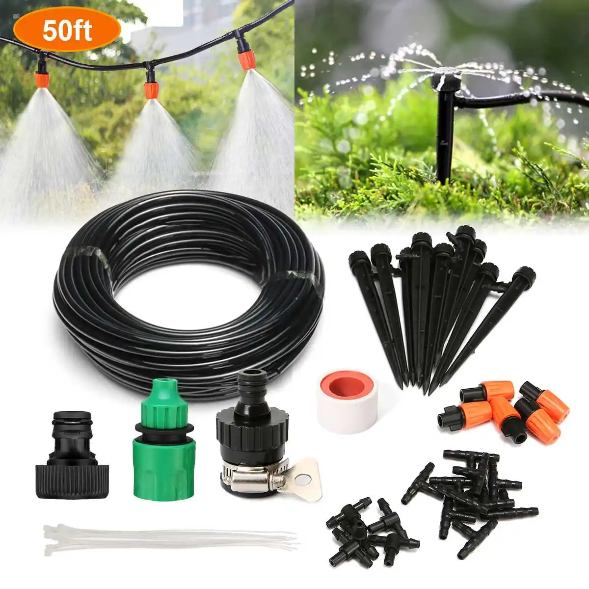 

15M Automatic Garden Irrigation Watering System Vegetables Flowers Drip Kit Adjustable Nozzle 1/4'' PVC Hose Coupling Adapter