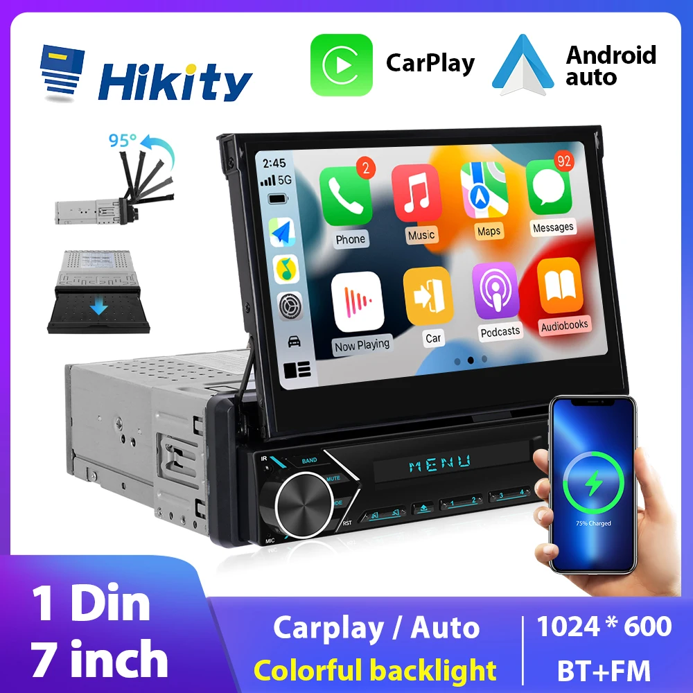 

Hikity 1 din Car Radio Automatic Retractable Screen Multimedia Player CarPlay Autoradio 7 Inch Car Stereo MP5 Player Bluetooth