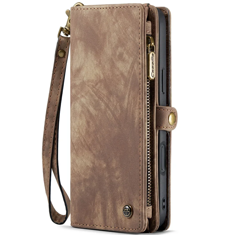 Luxury Leather Wallet Phone Case with Detachable Magnetic Zipper and Card Holder
