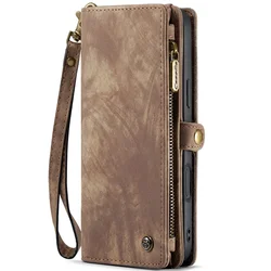 Luxury Leather Wallet Phone Case with Detachable Magnetic Zipper and Card Holder - Galaxy S26 Plus (Brown)
