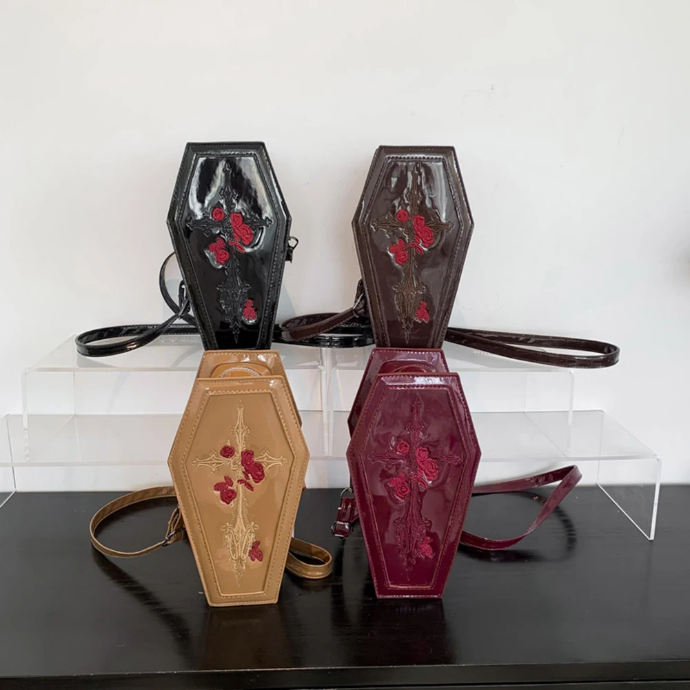 Women Coffin Gothic Crossbody Bag for Women Funny Rose Shoulder Bag Design Handbag Phone Purse Pouch Halloween Candy Bag Gift