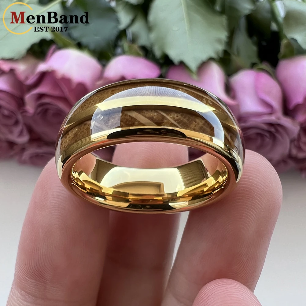 MenBand Fashion 8MM Gold Color Men Women Tungsten Carbide Wedding Ring Two Groove Inlay Whiskey Barrel Oak Wood Dome Polished