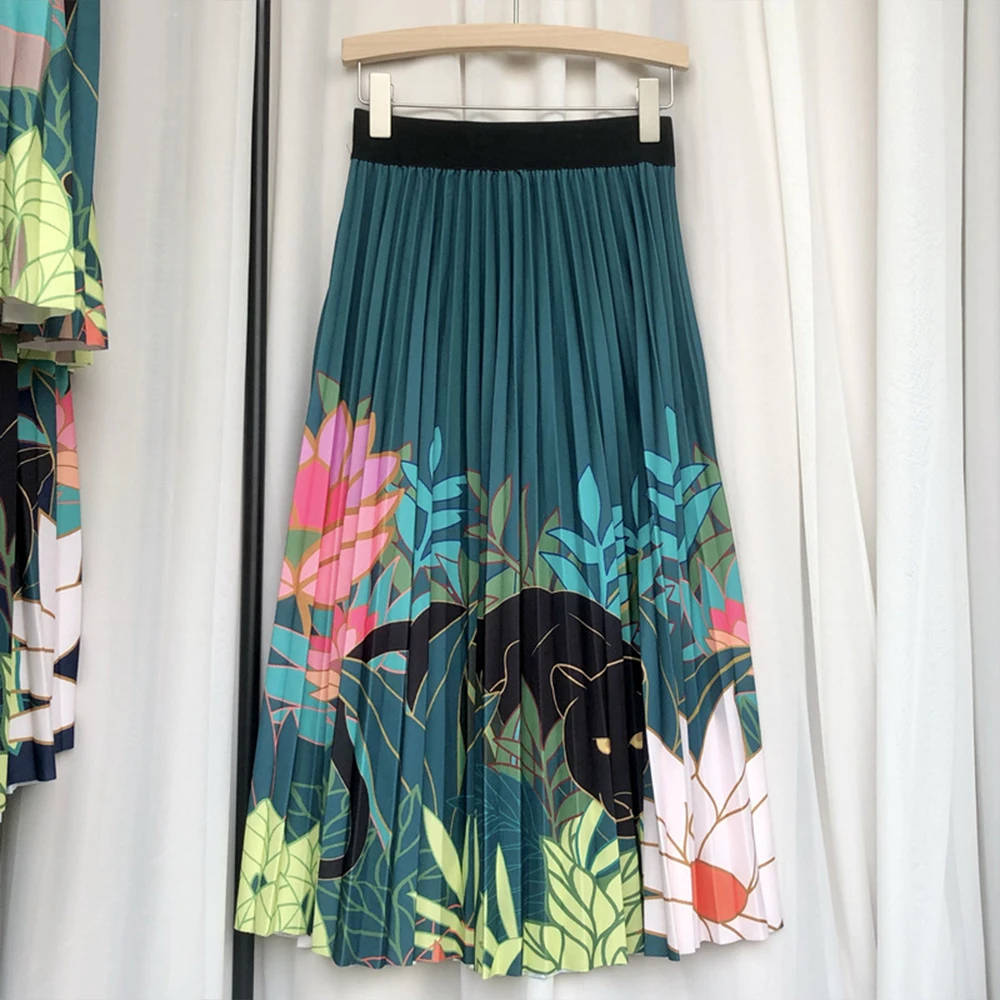 

4 Colors Animal Print Floral Midi Long Pleated Skirt Fashion High Elastic Waist Midi Length Women Summer Skirt Falda Jupe VD4054
