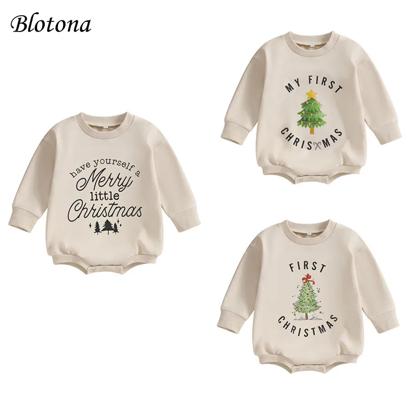 

Blotona Baby Girls Christmas Casual Romper Long Sleeve Christmas Tree Letter Print Crewneck Bodysuit 0-24Months