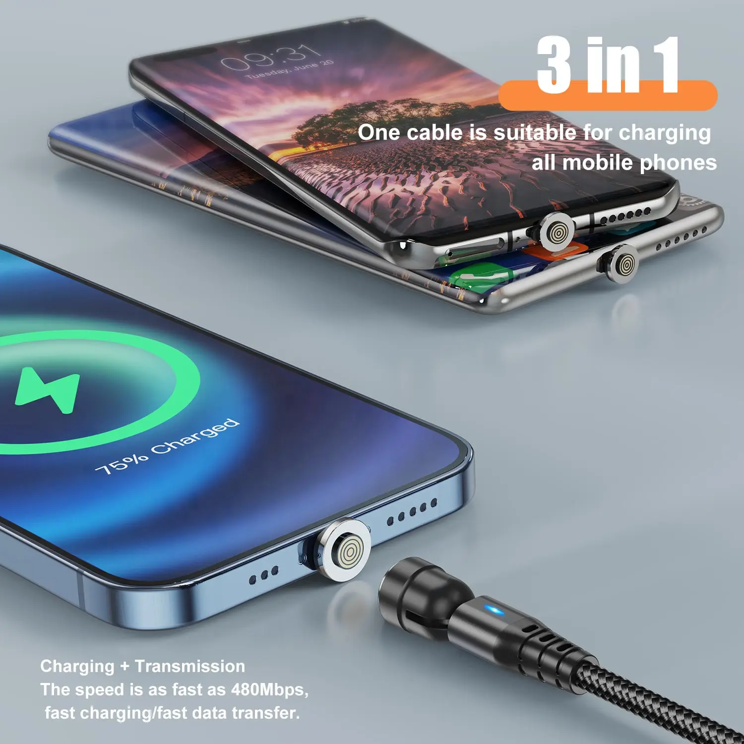 USLION 60W Fast Charging Magnetic Cable Quick Charge 4.0 Type C to Type C Cable PD USB 2 in 1 Data Charger Cable with Connecter