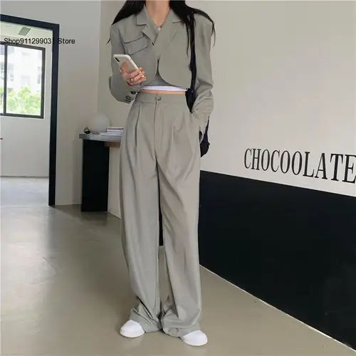 여성 섹시한 새로운 세련된 자르기 블레이저 재킷 & 높은 허리 바지 정장 넓은 다리 바지 복장, 여성 여름 패션 2 피스/세트 4