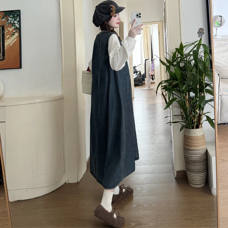 Plus Size Denim Dress Set Casual Maternity Suits Long Sleeve White Shirts+Sundress Twinset Fashion Pregnant Woman Vintage Suits