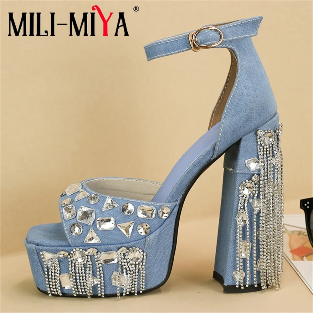 

MILI-MIYA New Arrival Women Crystal Denim Fabric Sandals Chain Fringe Super High Thick Heels Ankle Wrap Plus Size 34-48 Dress