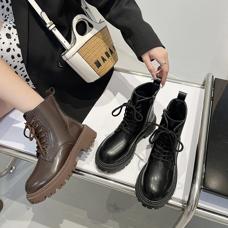 Women's Patent Leather Boots Ankle Boots Women's Chunky Heels Women's Flat Booties Rubber Sole Boots Botas  Women Shoes