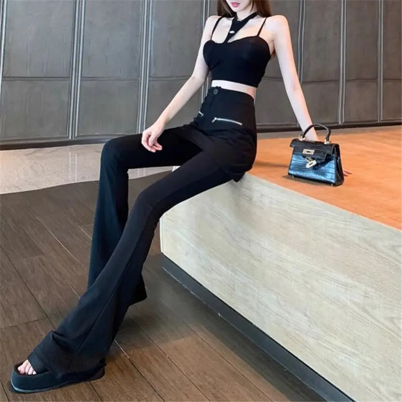 Women's Spring Autumn New Fashion Solid Color Apron Pants Spliced Button Zipper Slim Casual High Waist Floor Length Flare Pants