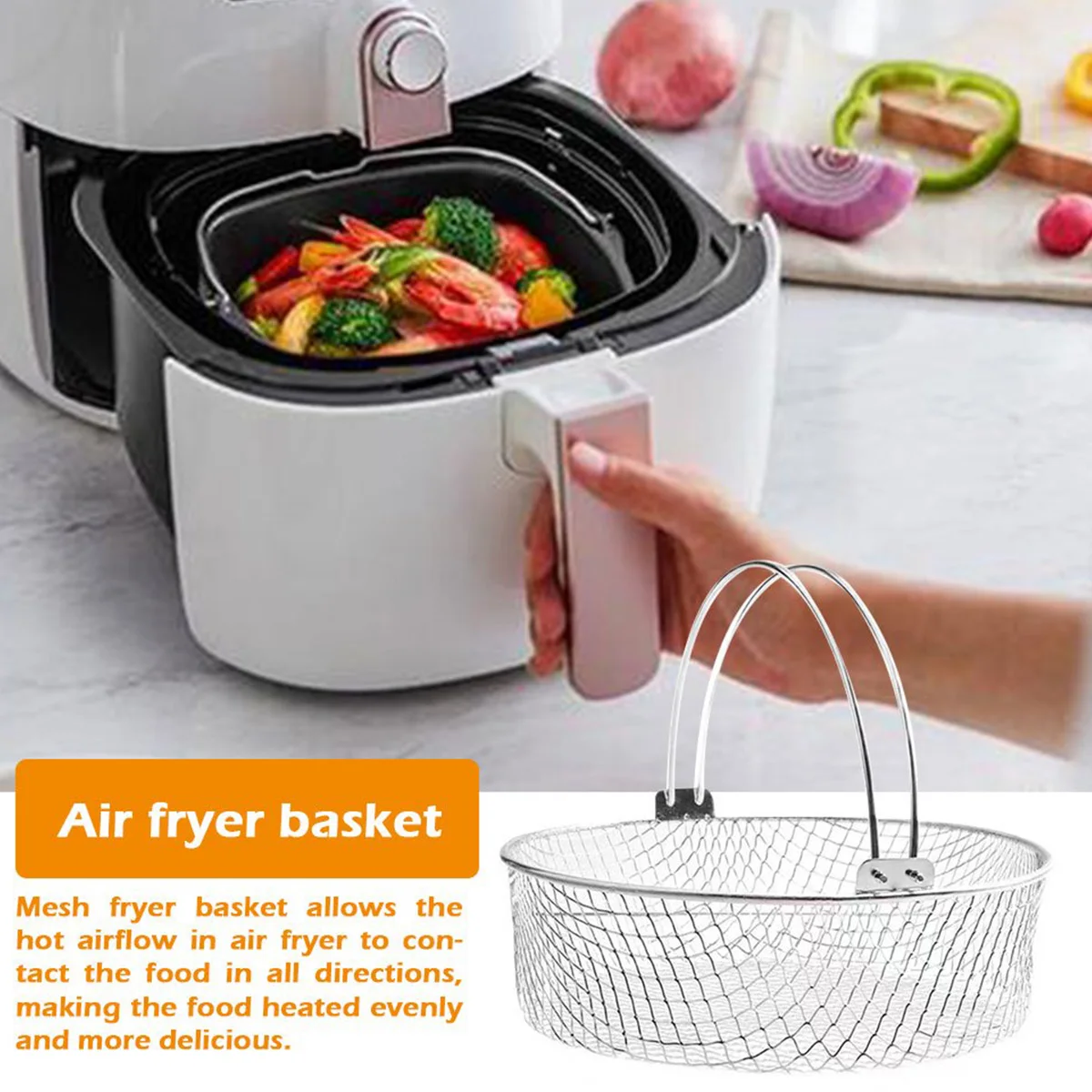 Air Fryer Mesh Basket Stainless Steel Air Fryer Steamer Basket With Handle Metal Crisper For Home Kitchen