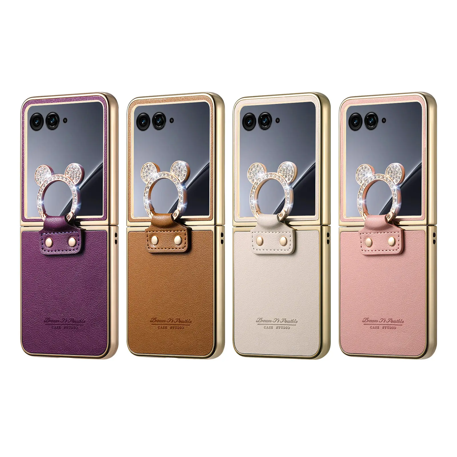 Elegant Magnetic Ring Holder Leather Case with Diamond Accents - Shockproof & Stylish Cover
