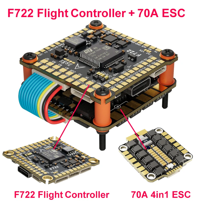 Câblage du stack DAKEFPV F722 avec fils de puissance et signaux pour performances optimales
