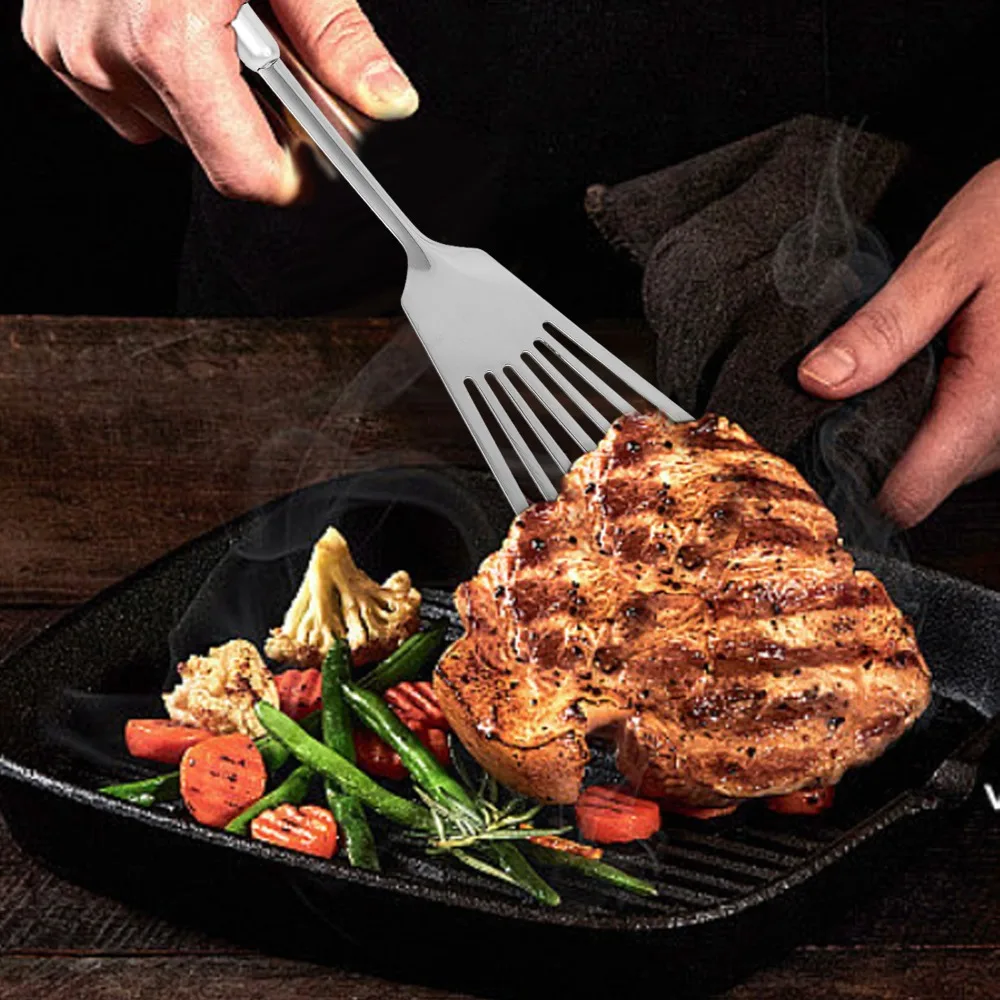 Stainless Steel Wood Handle Shovel Fried Fish Spatulas Steak Shovel Household Spoon Anti-hot Soup Spoon Kitchen Cooking Utensils