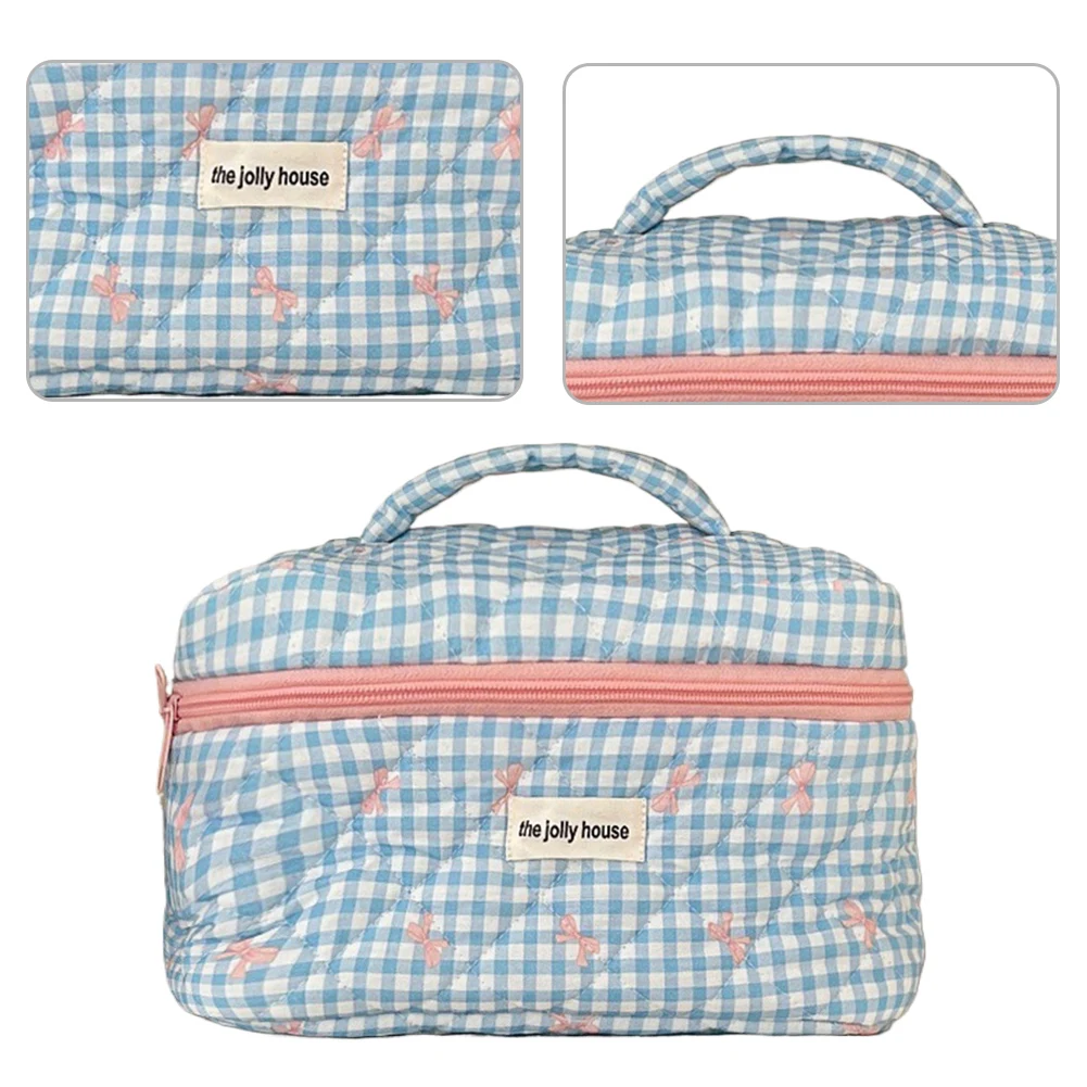 Checkered Cute Bow Travel Makeup Pouch with Zipper Toiletry Bag Cotton Quilted Makeup Organizer Storage Bag for Women and Girls