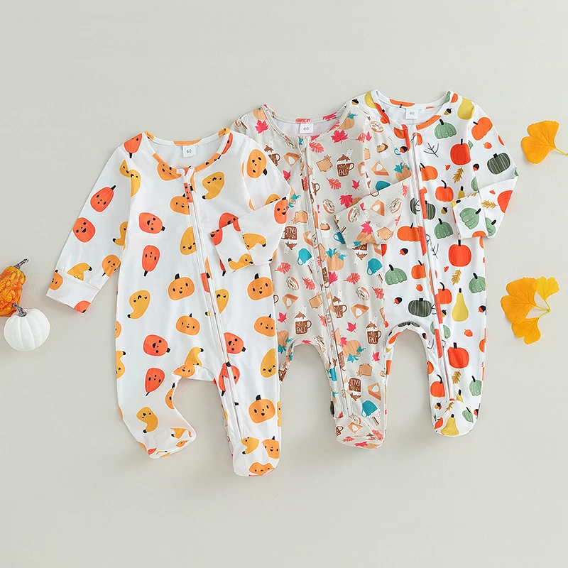 

2023-06-28 Lioraitiin 0-6M Baby Girls Footed Pajamas Halloween Pumpkin Print Long Sleeve Romper Infant Zipper Jumpsuits