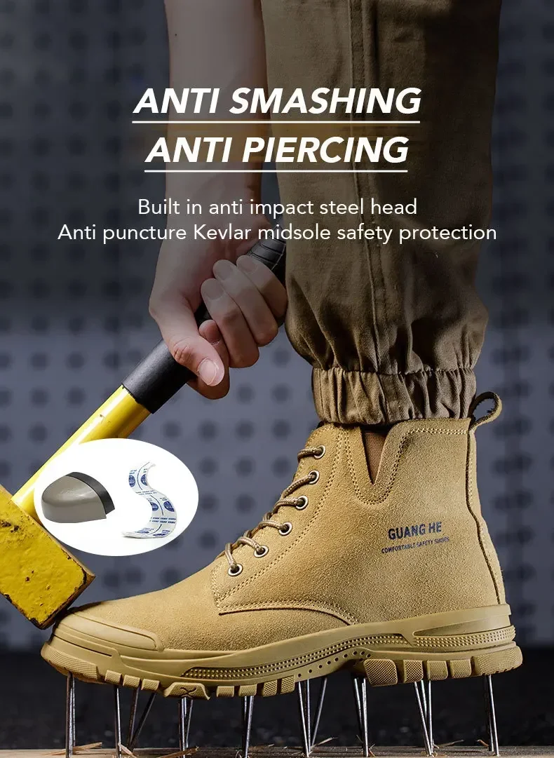 Black Leather Men Winter Plush Work Safety Boots Indestructible Steel Toe Anti-smash Shoes Anti-puncture Protective Footwear