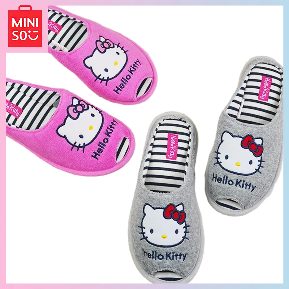 

New Miniso Hello Kitty Winter Plush Cartoon Kawaii Home Indoor Non-Slip Warm Bun Top Thick Cotton Slippers Girls Birthday Gift