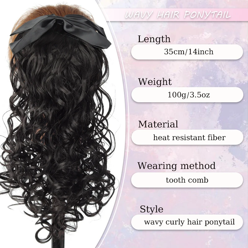 Synthetic Curly Hair Ponytail Extensions With Black Bow 14inch Wavy Curly Ponytail with Toothed Comb for Women Kids Daily Use