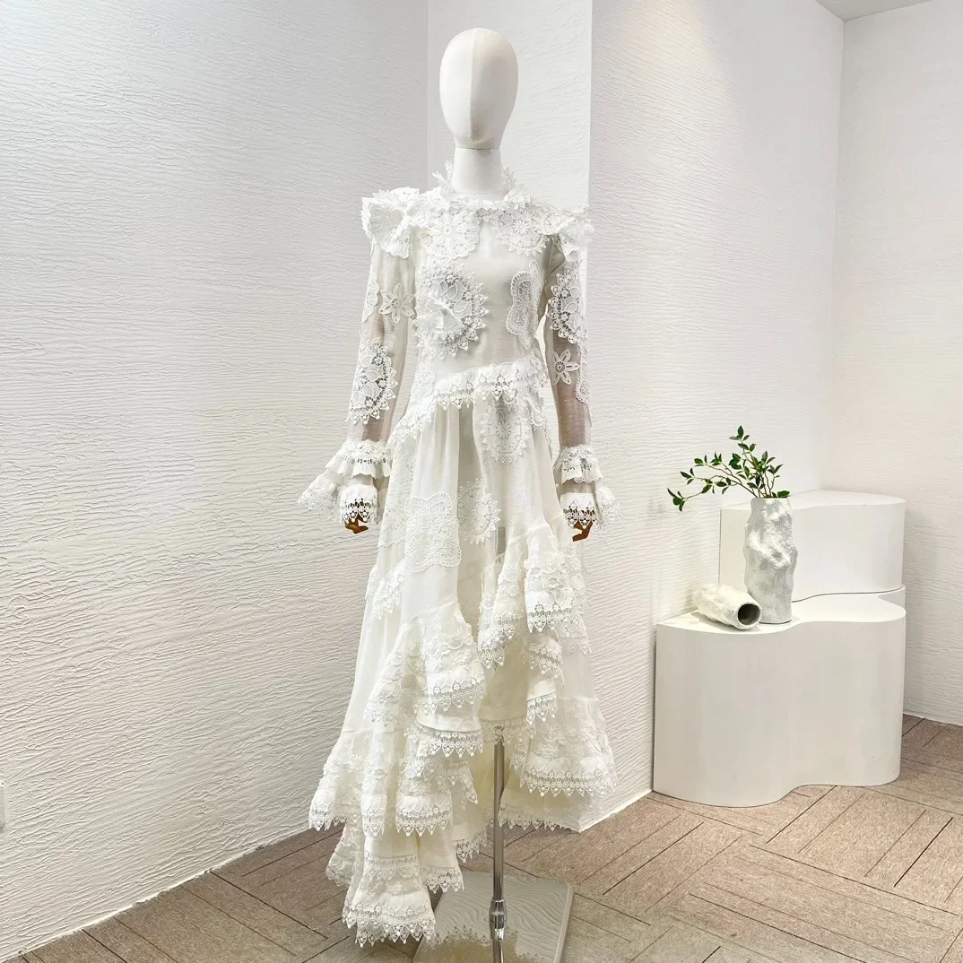 

White Long Sleeve Silk Linen Waterfall Ruffle Lace Patchwork Flowers Embroidery Irregular Maxi Dress 2024 Summer Collection