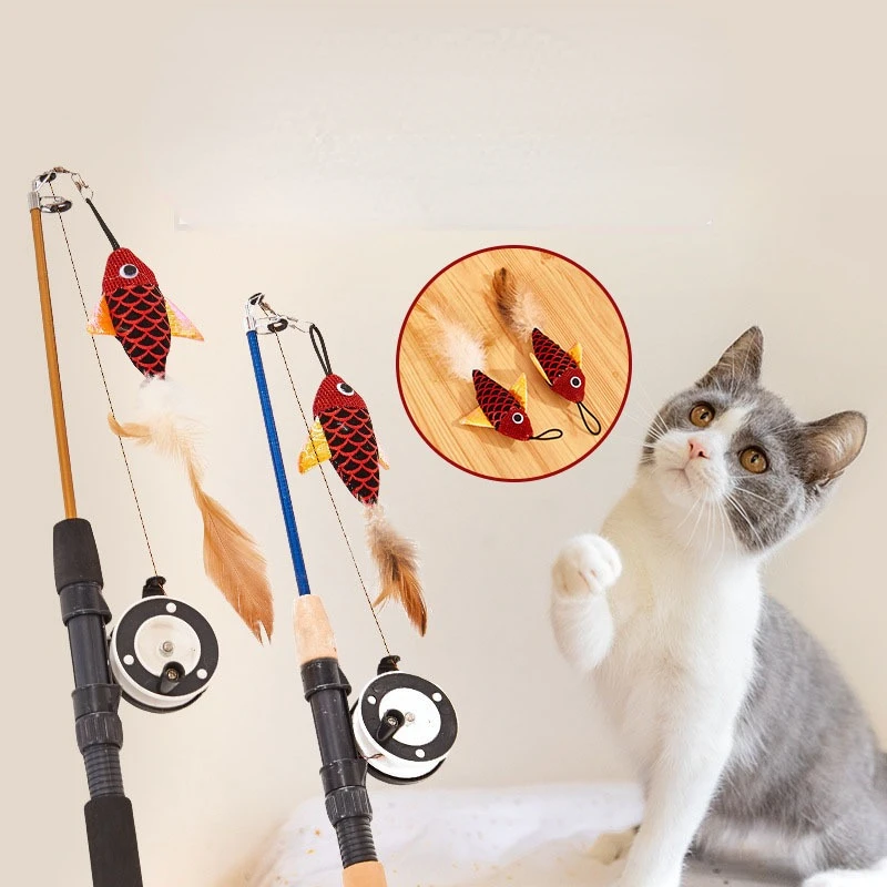 

Retractable Cat Toy Fish Type Telescopic Feathers Funny Cat Stick Pet Toy Cat Rods Simulation Fishing Rod