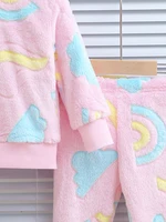 2pcs baby girl autumn and winter night light rainbow love cloud pattern plush thick long sleeved top and pants Chid Accessories 5