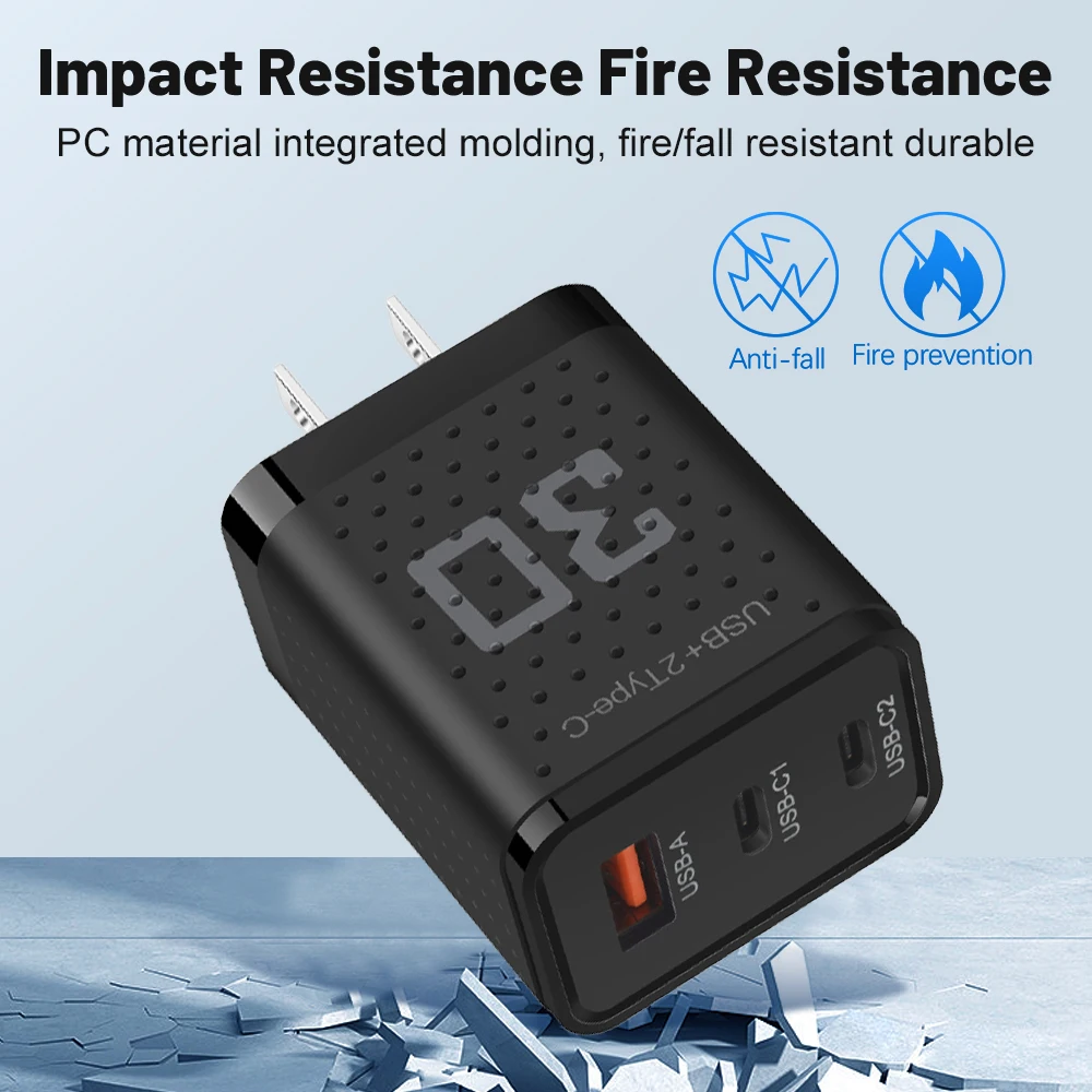 30W Dual PD USB Type C 3 Ports Super Fast Charging QC 3.0 EU/US/UK Plug Mobile Phone Adapter For iPhone 15 Xiaomi Samsung Huawei