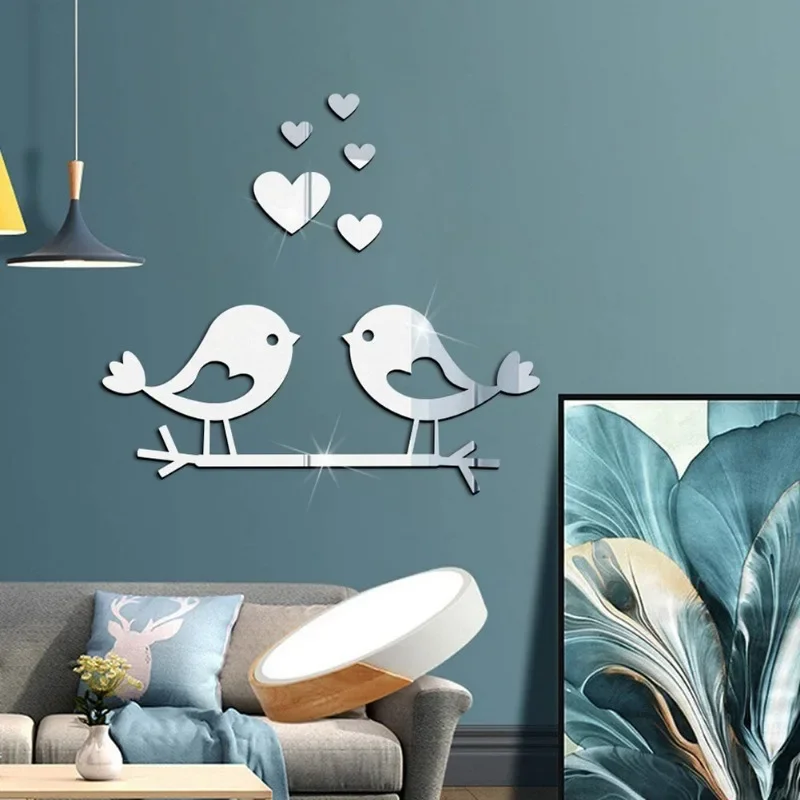 Loving Birds Mirror Wall Sticker Love shape Acrylic Wall Decals 3D Waterproof Self adhesive Sticker For DIY Valentine Day
