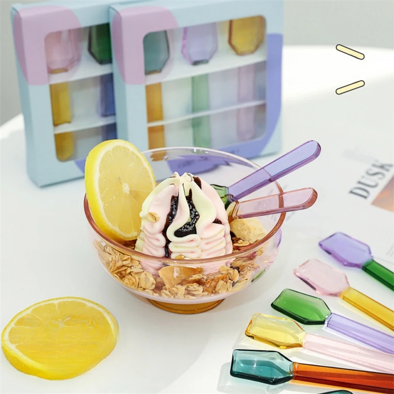 Glass dessert spoon Creative Color Dessert Glass Small Spoon High Temperature Cute Oatmeal Yogurt Round Spoon Coffee Mixing