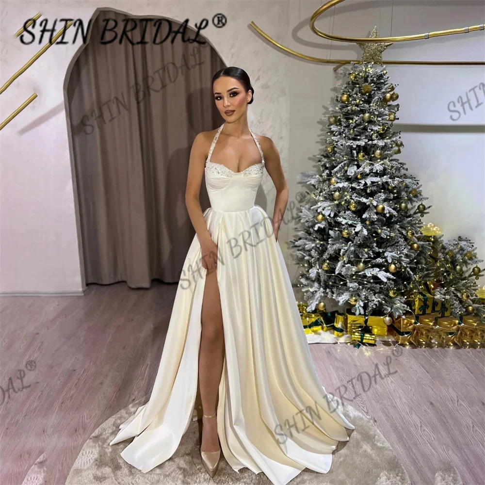 

Beading Glitter Halter Evening Dresses Side Split White Prom Dresses Stain A Line Sleeveless Party Dresses فساتين مناسبة رسمية